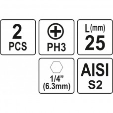 Biti de 25 mm 1/4" cu cap Phillips PH3 Yato..